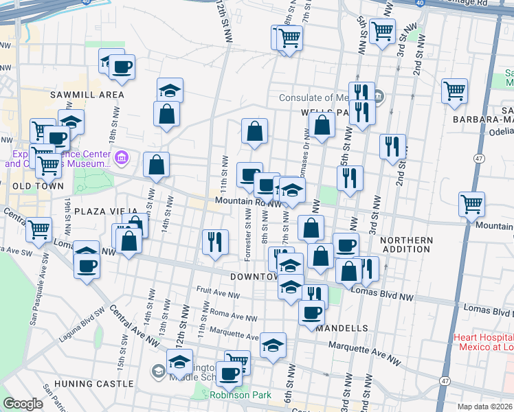 map of restaurants, bars, coffee shops, grocery stores, and more near in Albuquerque