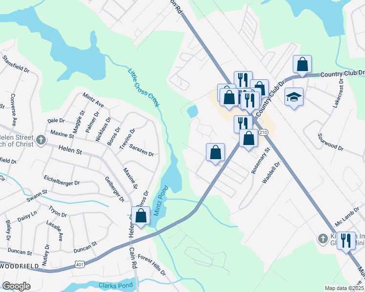 map of restaurants, bars, coffee shops, grocery stores, and more near 3499 Gardner Street in Fayetteville