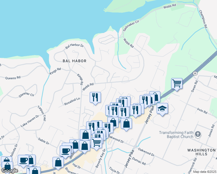 map of restaurants, bars, coffee shops, grocery stores, and more near 4030 Harbor Hills Road in Chattanooga