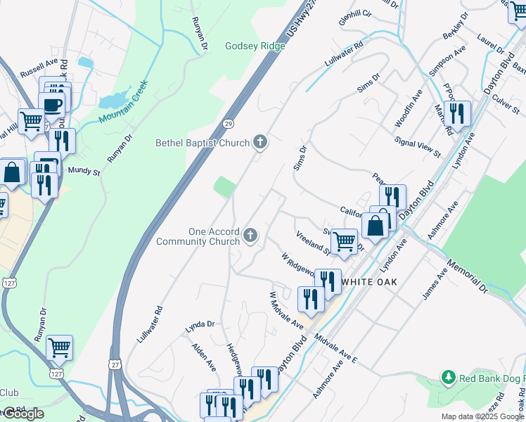 map of restaurants, bars, coffee shops, grocery stores, and more near 126 Hendricks Boulevard in Chattanooga