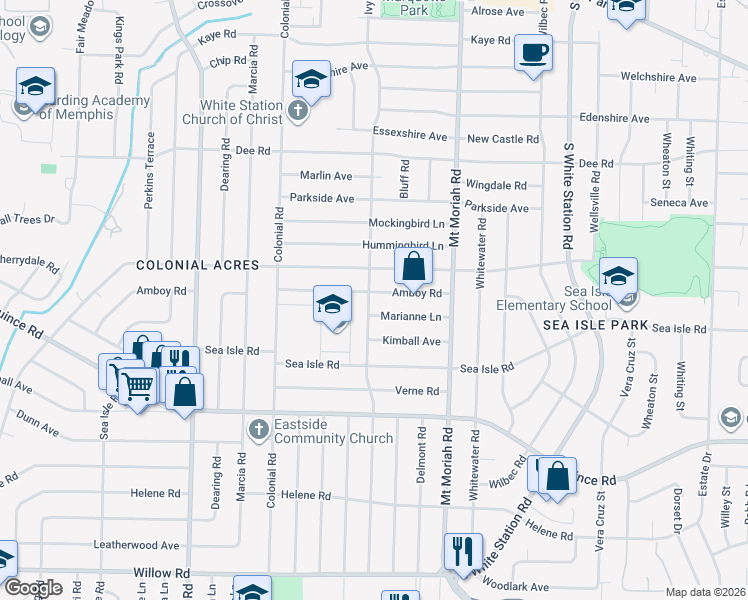 map of restaurants, bars, coffee shops, grocery stores, and more near 4871 Amboy Road in Memphis