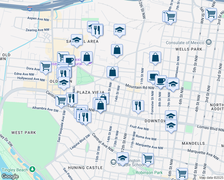 map of restaurants, bars, coffee shops, grocery stores, and more near 716 15th Street Northwest in Albuquerque