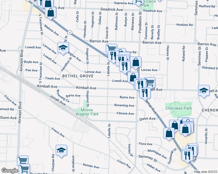 map of restaurants, bars, coffee shops, grocery stores, and more near 2654 Kimball Avenue in Memphis