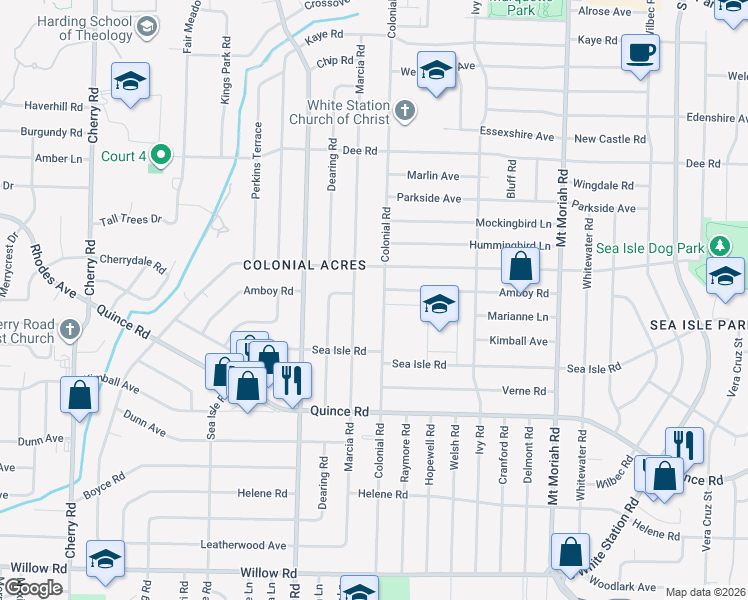 map of restaurants, bars, coffee shops, grocery stores, and more near 1331 Colonial Rd in Memphis