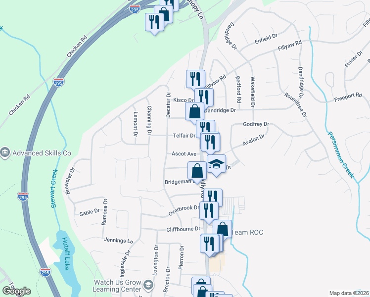 map of restaurants, bars, coffee shops, grocery stores, and more near 7510 Ascot Avenue in Fayetteville