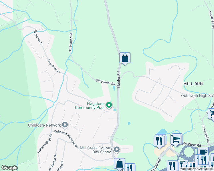 map of restaurants, bars, coffee shops, grocery stores, and more near 5513 Old Hunter Road in Ooltewah