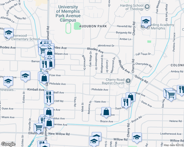 map of restaurants, bars, coffee shops, grocery stores, and more near 1331 Oak Ridge Drive in Memphis
