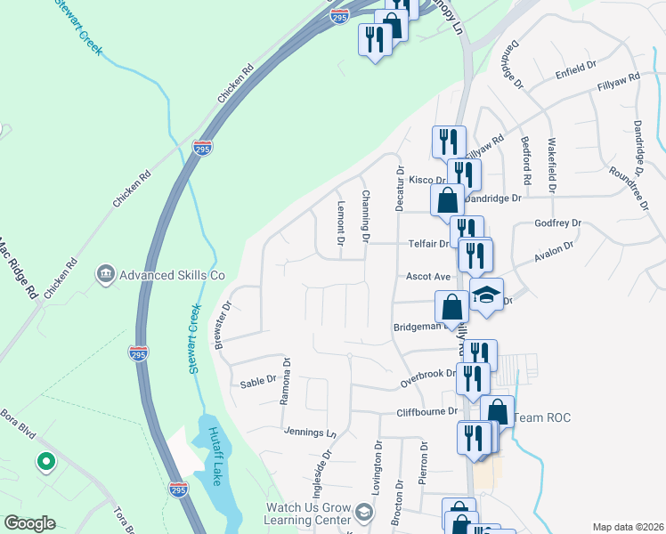 map of restaurants, bars, coffee shops, grocery stores, and more near 7553 Carrollburg Drive in Fayetteville