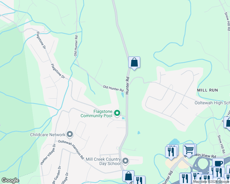 map of restaurants, bars, coffee shops, grocery stores, and more near 5513 Old Hunter Road in Ooltewah