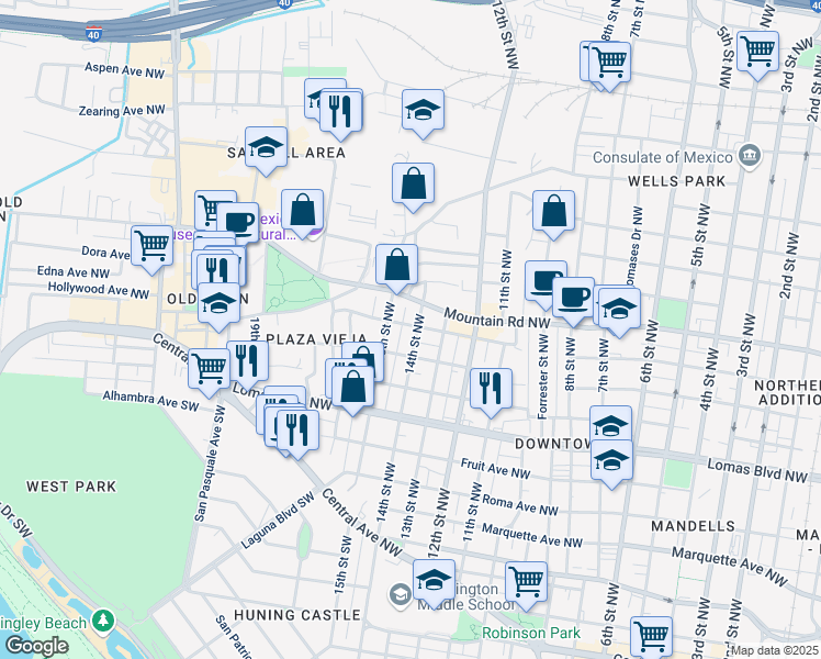 map of restaurants, bars, coffee shops, grocery stores, and more near 723 14th Street Northwest in Albuquerque