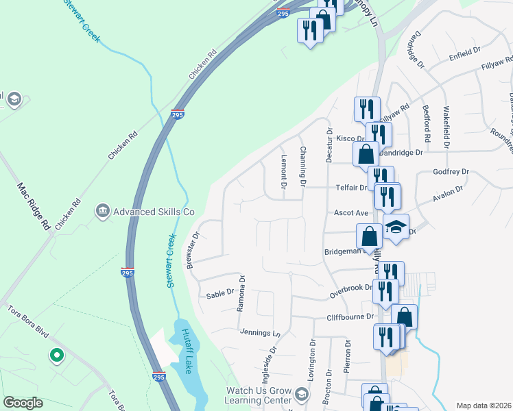 map of restaurants, bars, coffee shops, grocery stores, and more near 7565 Faraday Place in Fayetteville