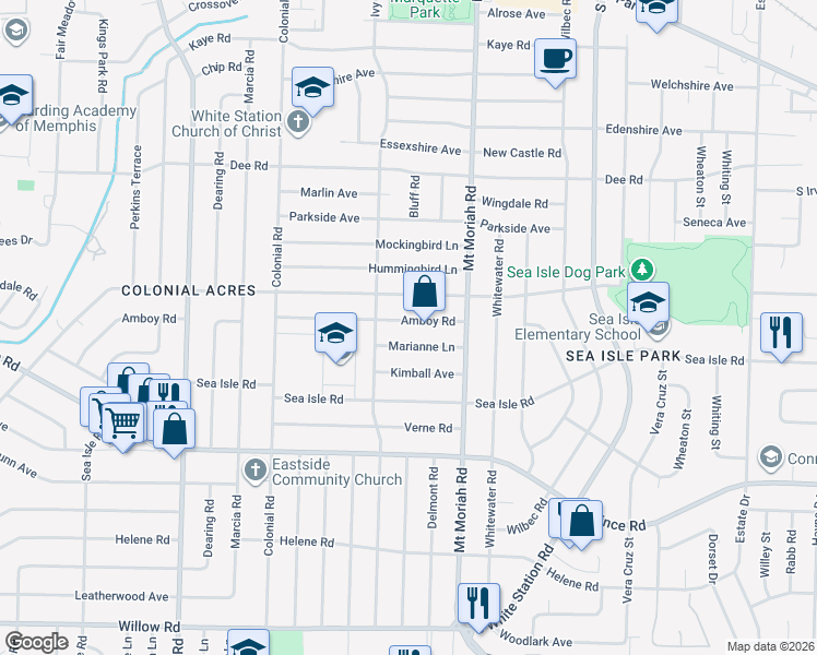 map of restaurants, bars, coffee shops, grocery stores, and more near 4915 Amboy Road in Memphis