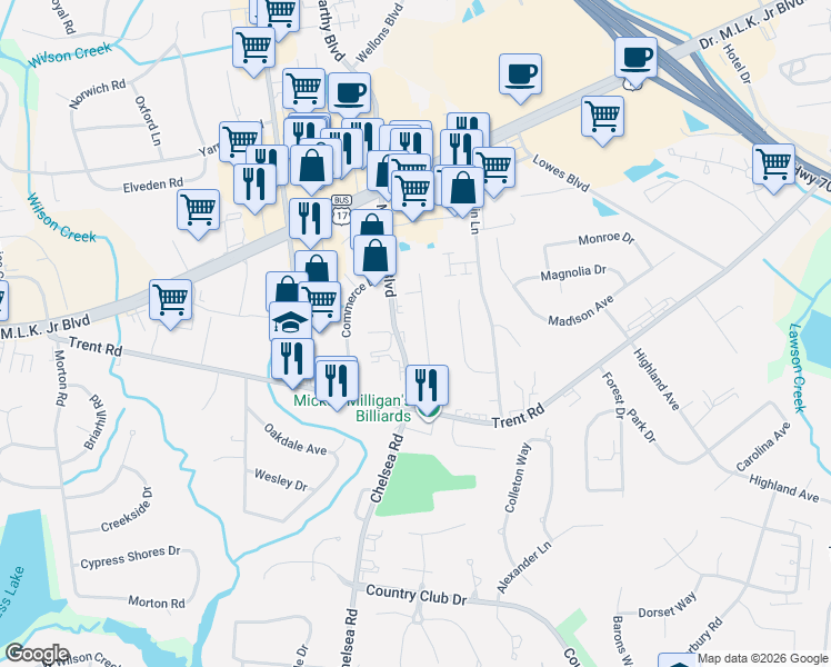 map of restaurants, bars, coffee shops, grocery stores, and more near 1323 Hunters Road in New Bern