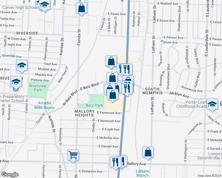 map of restaurants, bars, coffee shops, grocery stores, and more near 1897 South 3rd Street in Memphis