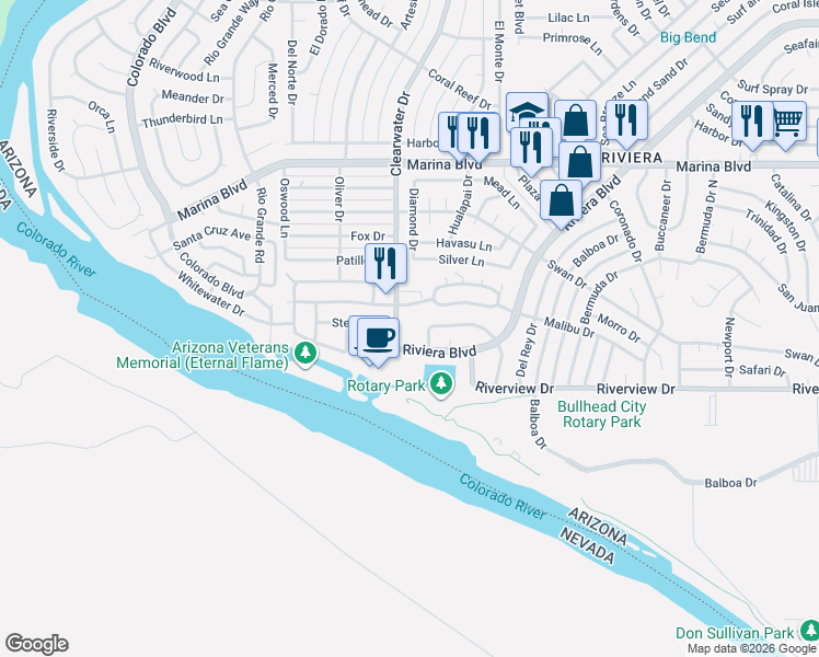 map of restaurants, bars, coffee shops, grocery stores, and more near 505 Riviera Boulevard in Bullhead City