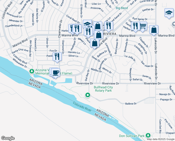 map of restaurants, bars, coffee shops, grocery stores, and more near 2185 Del Rey Drive in Bullhead City