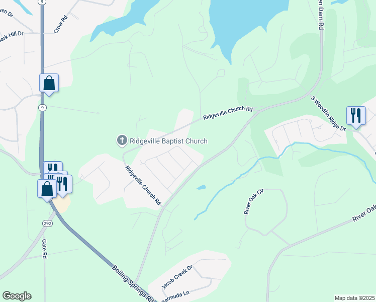 map of restaurants, bars, coffee shops, grocery stores, and more near 542 Ridgeville Crossing Drive in Inman
