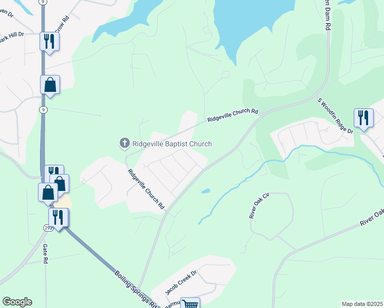 map of restaurants, bars, coffee shops, grocery stores, and more near 542 Ridgeville Crossing Drive in Inman