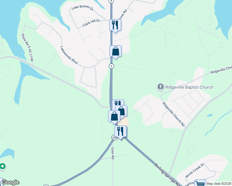 map of restaurants, bars, coffee shops, grocery stores, and more near 7450 Highway 9 in Inman