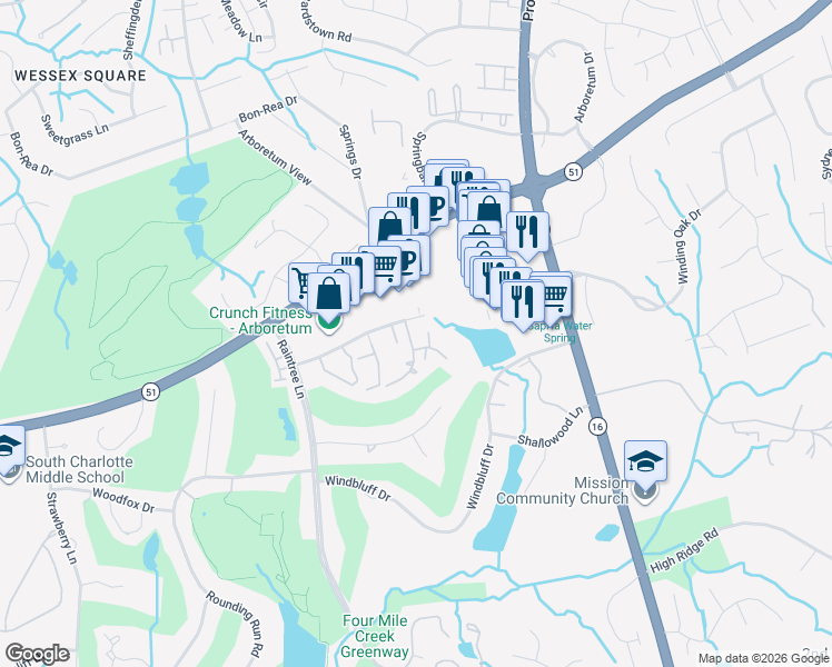 map of restaurants, bars, coffee shops, grocery stores, and more near 7907 Shorewood Drive in Charlotte