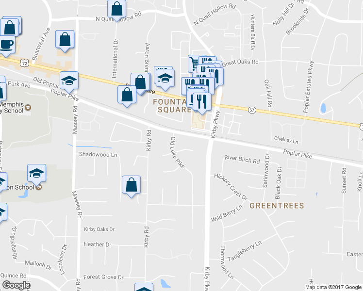 map of restaurants, bars, coffee shops, grocery stores, and more near 6618 Conifer Cove in Memphis