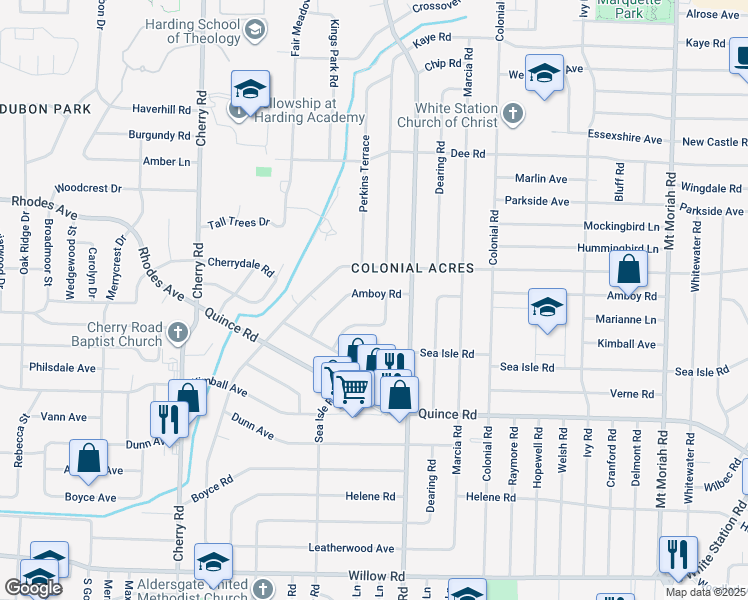 map of restaurants, bars, coffee shops, grocery stores, and more near 4609 Amboy Road in Memphis
