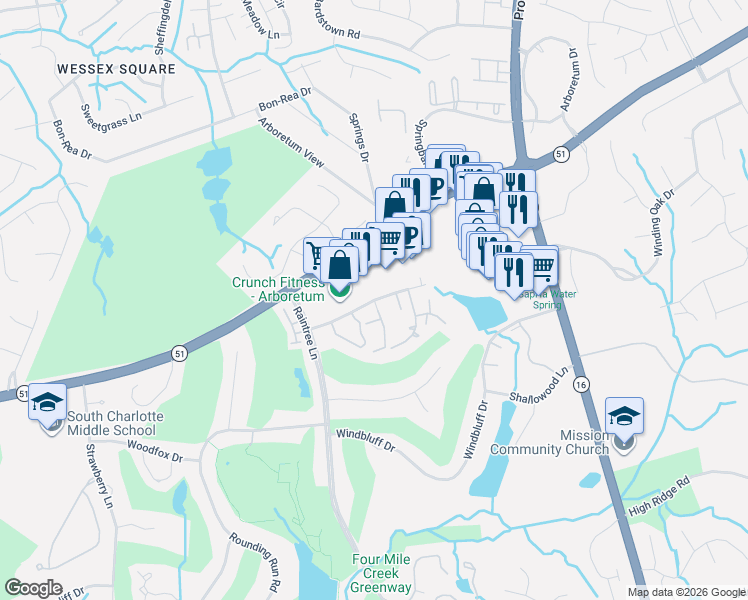 map of restaurants, bars, coffee shops, grocery stores, and more near Willow Point Dr & Horse Chestnut Ln in Charlotte