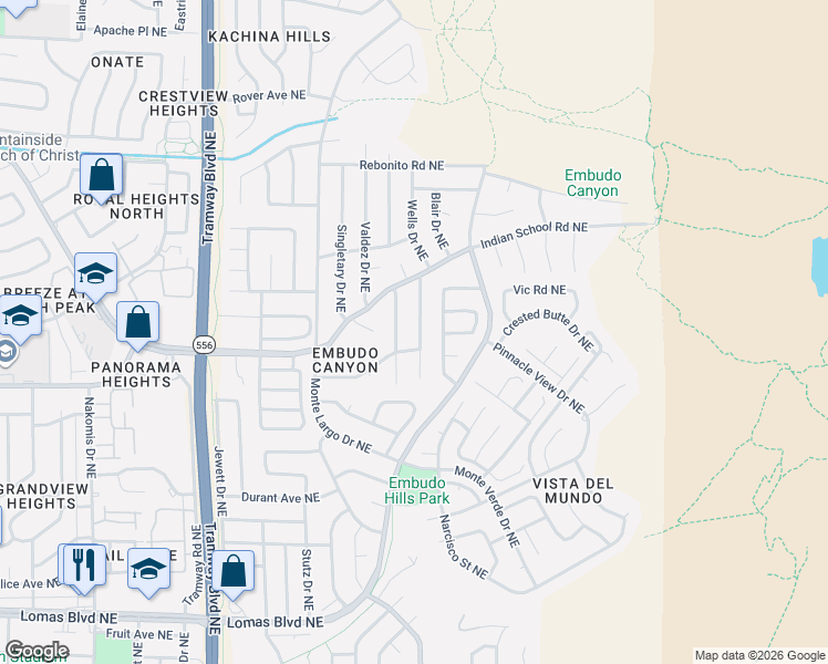 map of restaurants, bars, coffee shops, grocery stores, and more near 1515 Wells Drive Northeast in Albuquerque