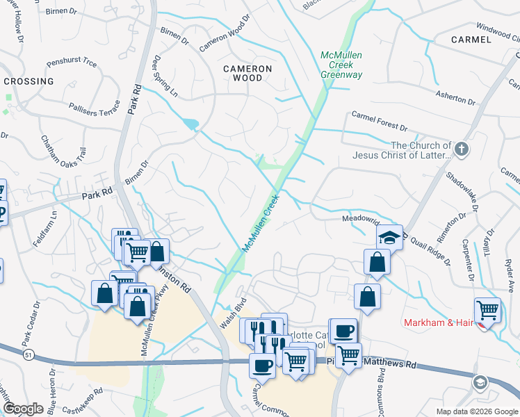 map of restaurants, bars, coffee shops, grocery stores, and more near 10127 Standing Stone Court in Charlotte