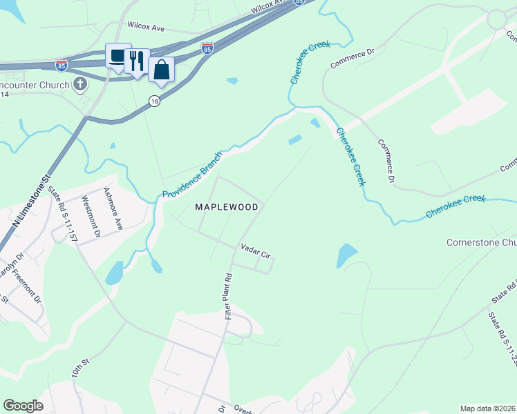 map of restaurants, bars, coffee shops, grocery stores, and more near 103 Maplewood Drive in Gaffney