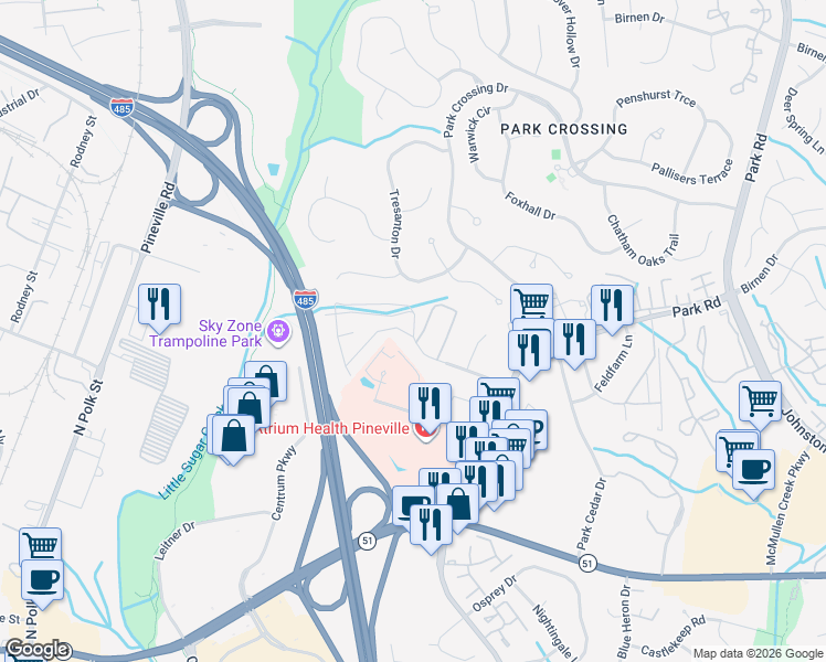 map of restaurants, bars, coffee shops, grocery stores, and more near 10311 Willow Run Road in Charlotte