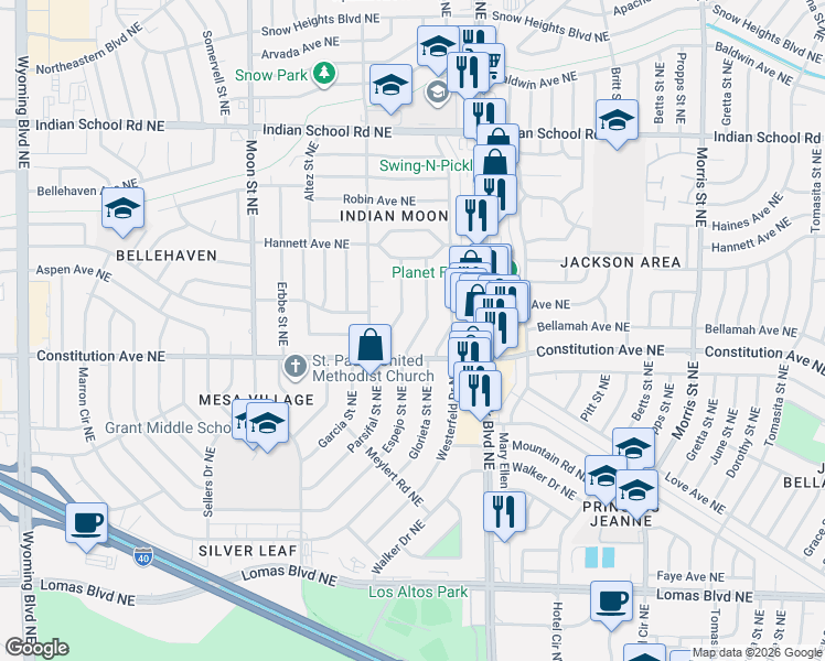 map of restaurants, bars, coffee shops, grocery stores, and more near 1404 Conchas Street Northeast in Albuquerque