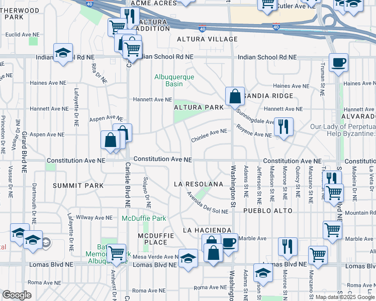 map of restaurants, bars, coffee shops, grocery stores, and more near 1317 Avenue Manana Northeast in Albuquerque