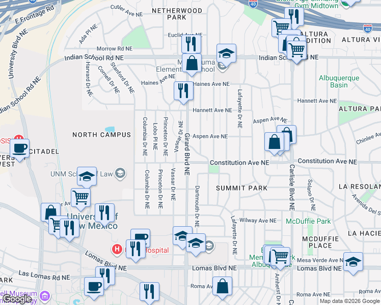 map of restaurants, bars, coffee shops, grocery stores, and more near 2910 Wilson Place Northeast in Albuquerque