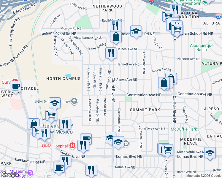 map of restaurants, bars, coffee shops, grocery stores, and more near 1217 Vassar Drive Northeast in Albuquerque