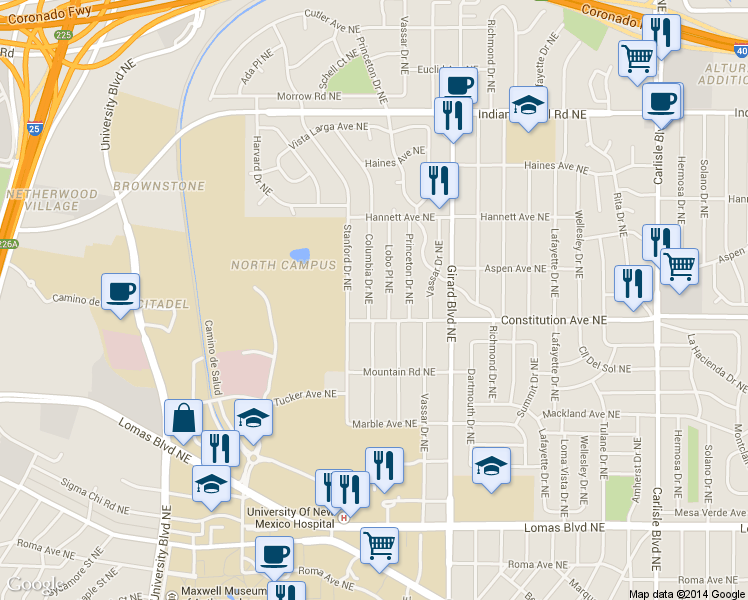 map of restaurants, bars, coffee shops, grocery stores, and more near 1221 Columbia Drive Northeast in Albuquerque