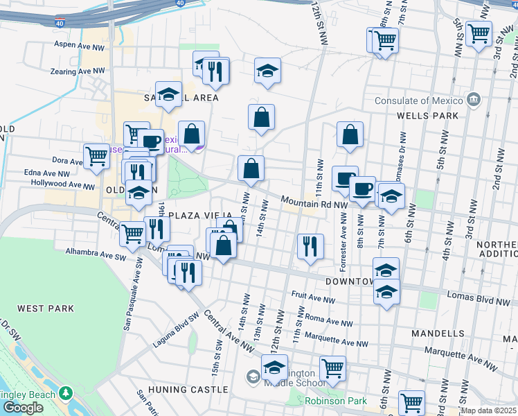 map of restaurants, bars, coffee shops, grocery stores, and more near 716 15th Street Northwest in Albuquerque