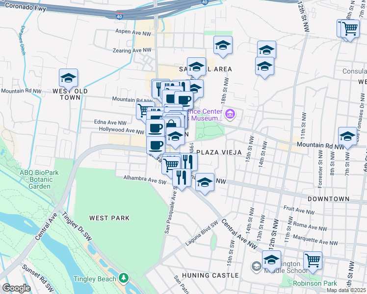 map of restaurants, bars, coffee shops, grocery stores, and more near 1908 Old Town Road Northwest in Albuquerque