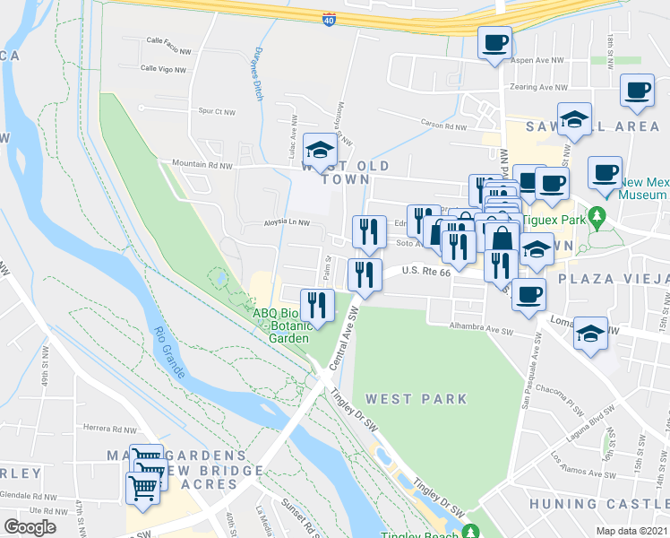 map of restaurants, bars, coffee shops, grocery stores, and more near 2519 New York Avenue Northwest in Albuquerque