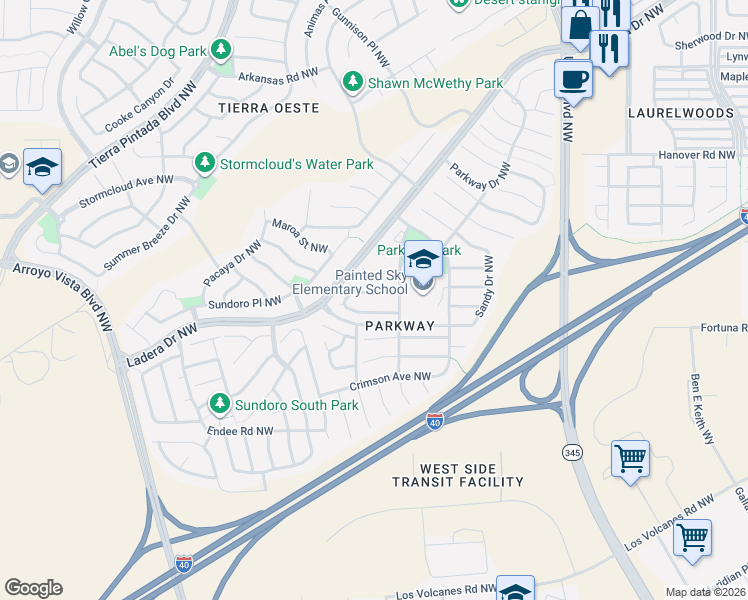 map of restaurants, bars, coffee shops, grocery stores, and more near 8412 Cedarcroft Road Northwest in Albuquerque