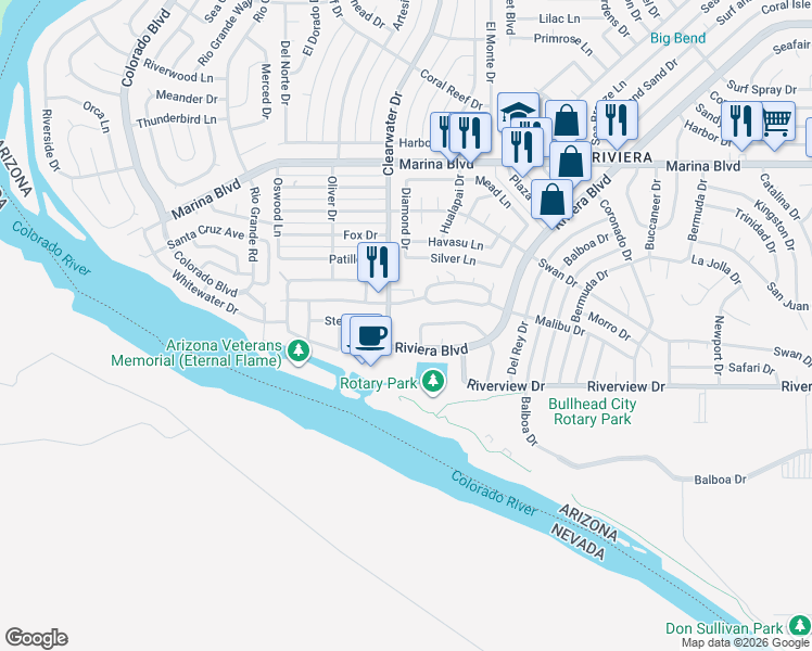 map of restaurants, bars, coffee shops, grocery stores, and more near 2160 Clearwater Drive in Bullhead City