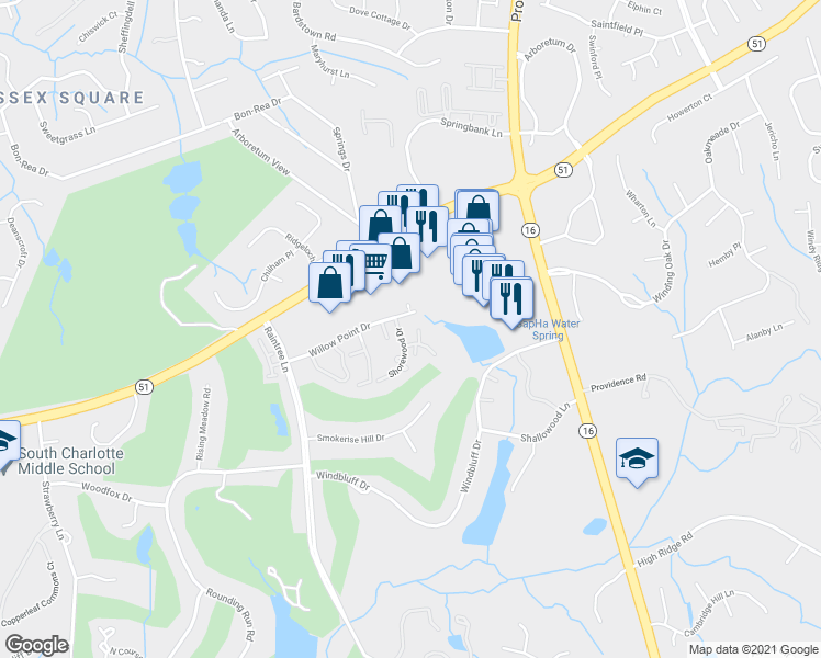 map of restaurants, bars, coffee shops, grocery stores, and more near 3529 Shore Lane in Charlotte