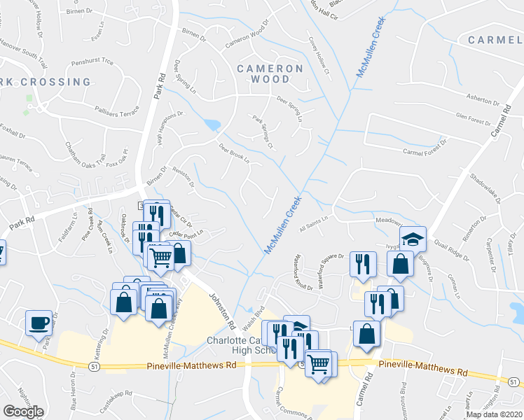 map of restaurants, bars, coffee shops, grocery stores, and more near 10127 Standing Stone Court in Charlotte