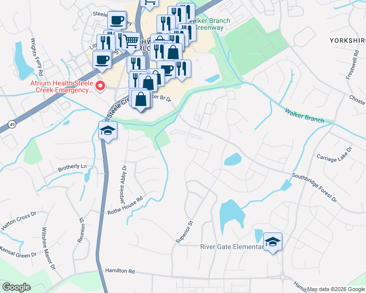 map of restaurants, bars, coffee shops, grocery stores, and more near 13014 Legacy Ridge Lane in Charlotte