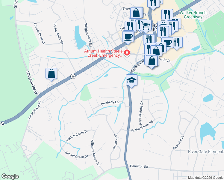 map of restaurants, bars, coffee shops, grocery stores, and more near in Charlotte