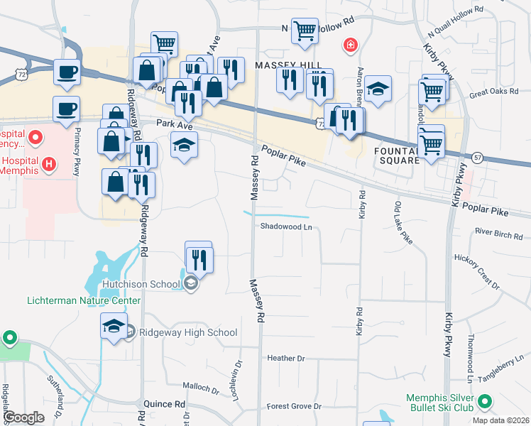 map of restaurants, bars, coffee shops, grocery stores, and more near 6345 Brooks Manor Cove in Memphis