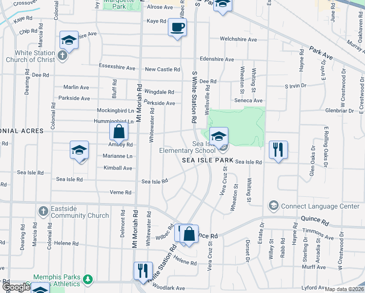 map of restaurants, bars, coffee shops, grocery stores, and more near 1321 Wilbec Road in Memphis