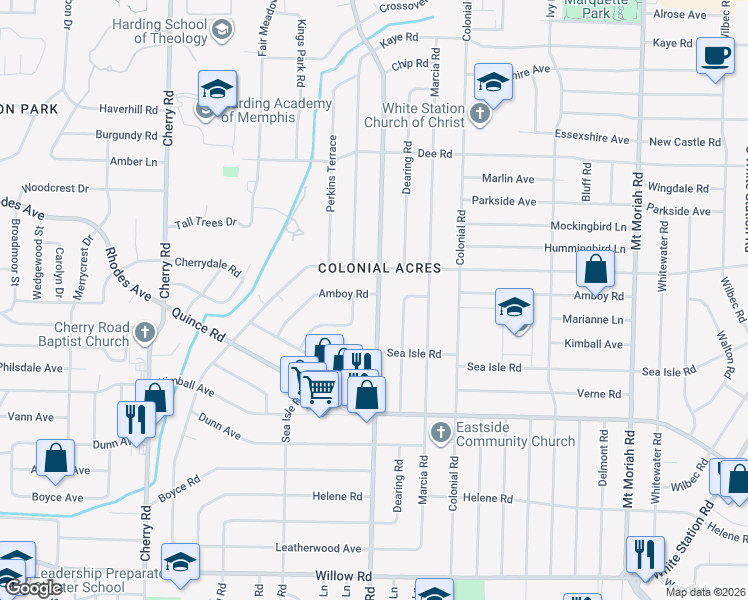 map of restaurants, bars, coffee shops, grocery stores, and more near 1329 South Perkins Road in Memphis