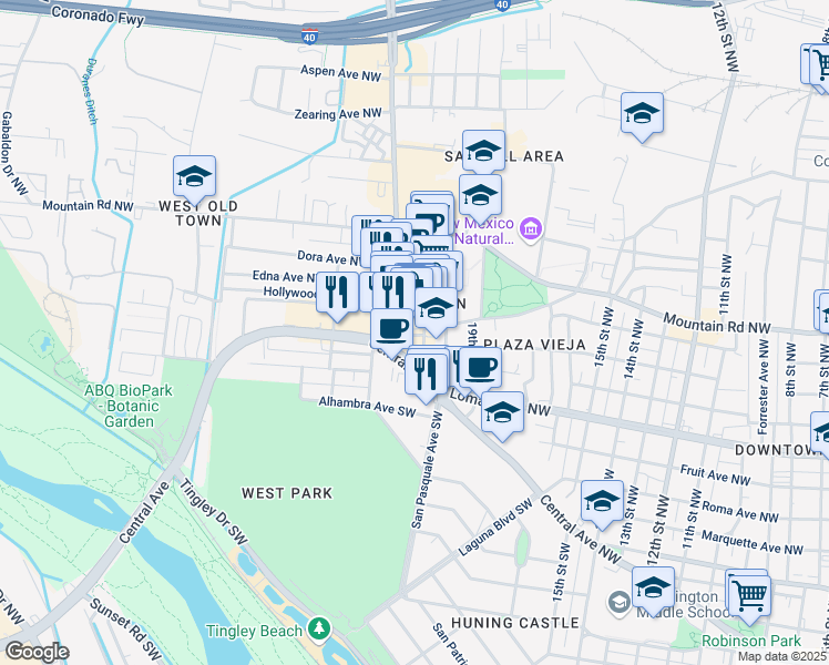 map of restaurants, bars, coffee shops, grocery stores, and more near 201 San Felipe Street Northwest in Albuquerque