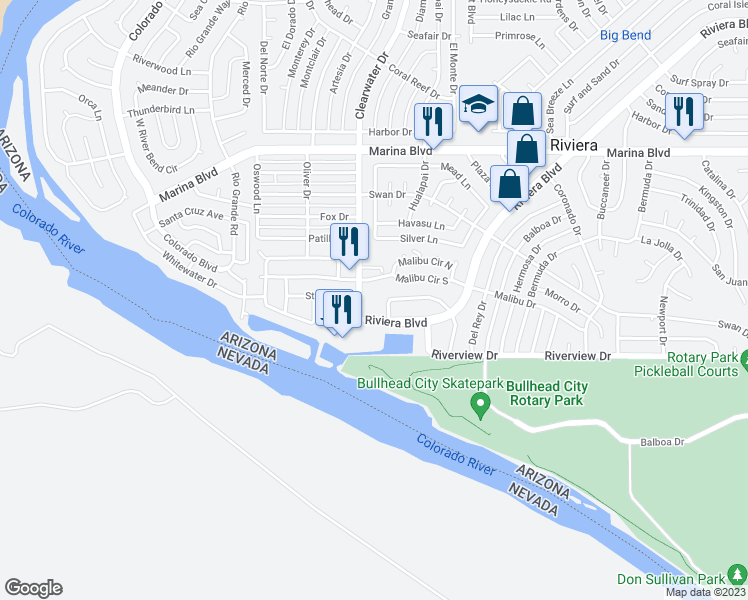 map of restaurants, bars, coffee shops, grocery stores, and more near 2160 Clearwater Drive in Bullhead City